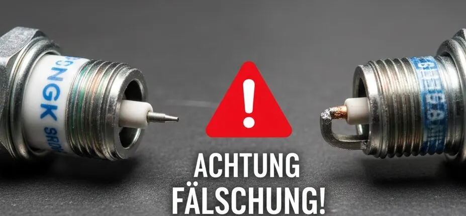 An original iridium spark plug next to a fake