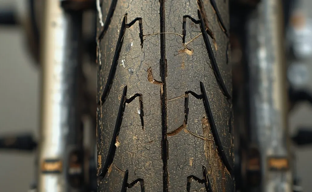 Motorcycle tyre: old, brittle and cracked
